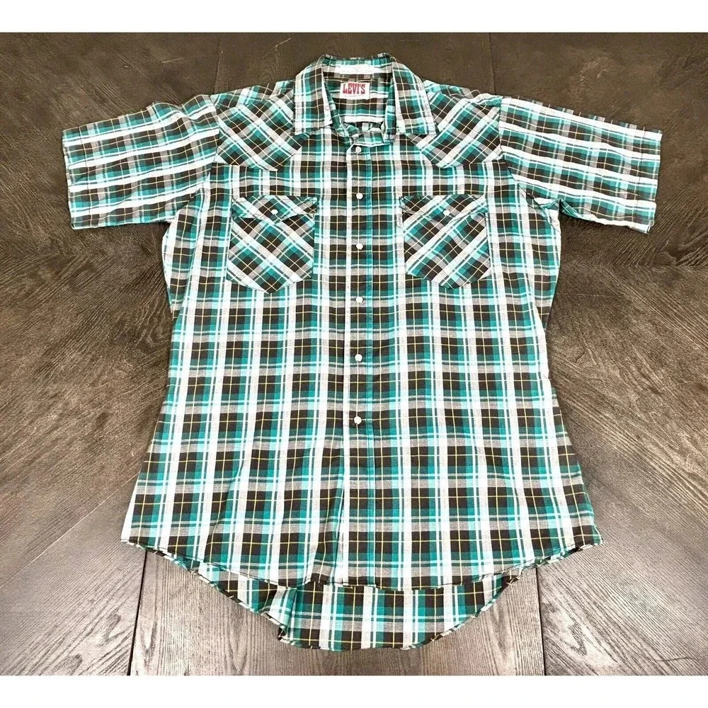 Vintage 80’ LEVIS The Cowboys Tailor Plaid Pearl Snap Western Shirt Size Large L - Picture 2 of 8